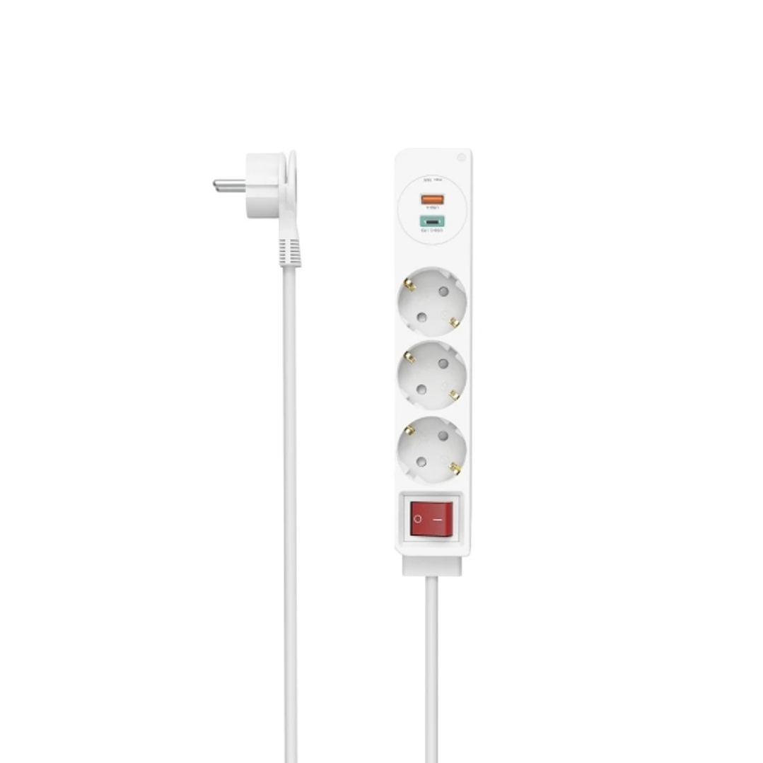 Hama Regleta Alimentacion con 5 Tomas - Potencia Maxima 3680W - Cable 1.4m - 3x Schuko - 1x USB-C - 1x USB-A - Interruptor de Encendido - Enchufe Schu 1