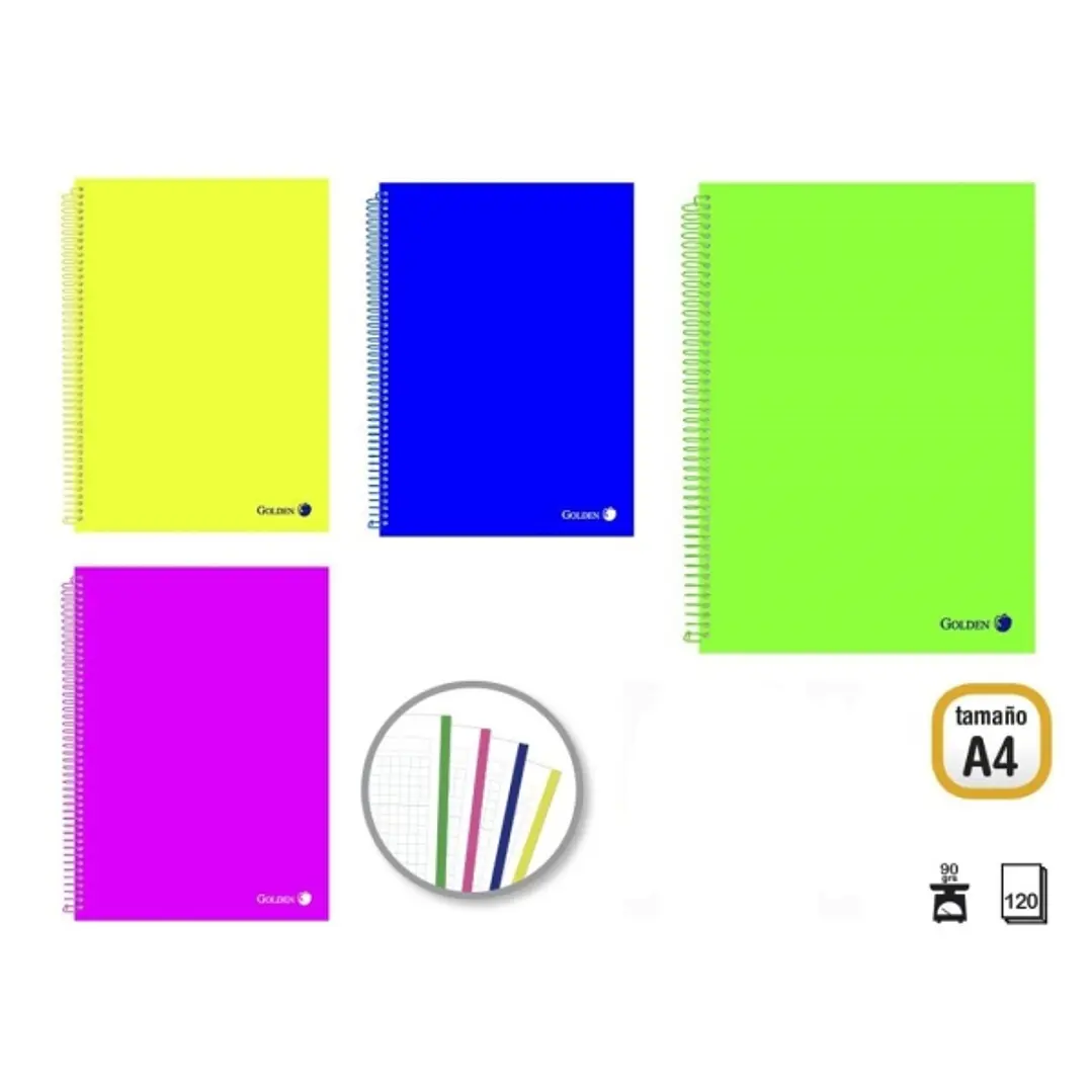 Golden Pack de 4 Cuadernos A4 120 Hojas 90gr Cuadricula 5x5 - Hojas Microperforadas con Banda de Color y 4 Taladros - Tapa Polipropileno - Colores Sur 1