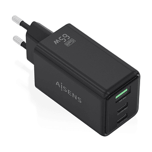 Aisens Cargador GAN 65W - 2xUSB-C PD3.0 QC4.0 y 1xUSB-A QC3.0 - Color Negro