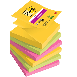 Post-It Super Sticky Pack de 6 Blocs de 90 Notas Adhesivas Reposicionables - Forma Cuadrada - 76x76mm - en Zig-Zag - Colores Surtidos