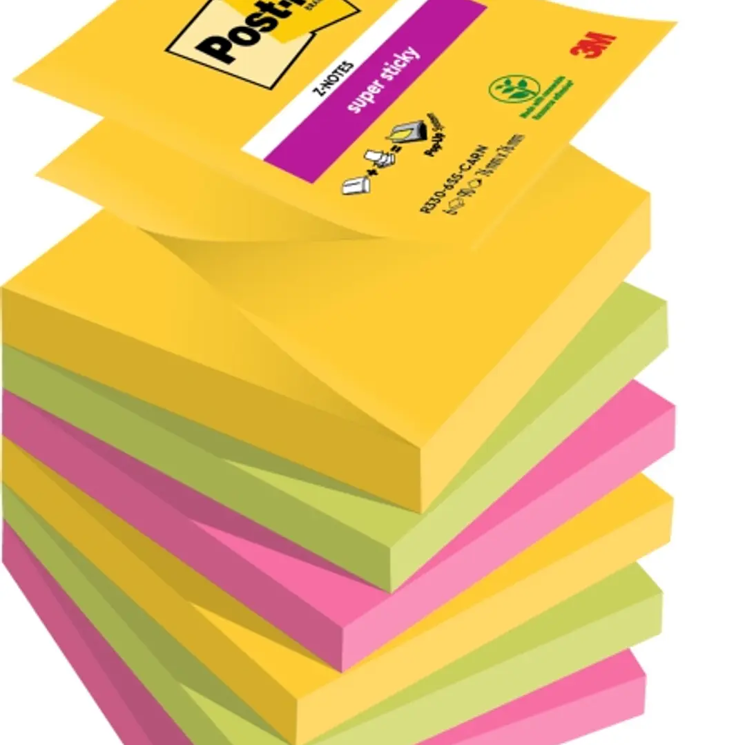Post-It Super Sticky Pack de 6 Blocs de 90 Notas Adhesivas Reposicionables - Forma Cuadrada - 76x76mm - en Zig-Zag - Colores Surtidos 1