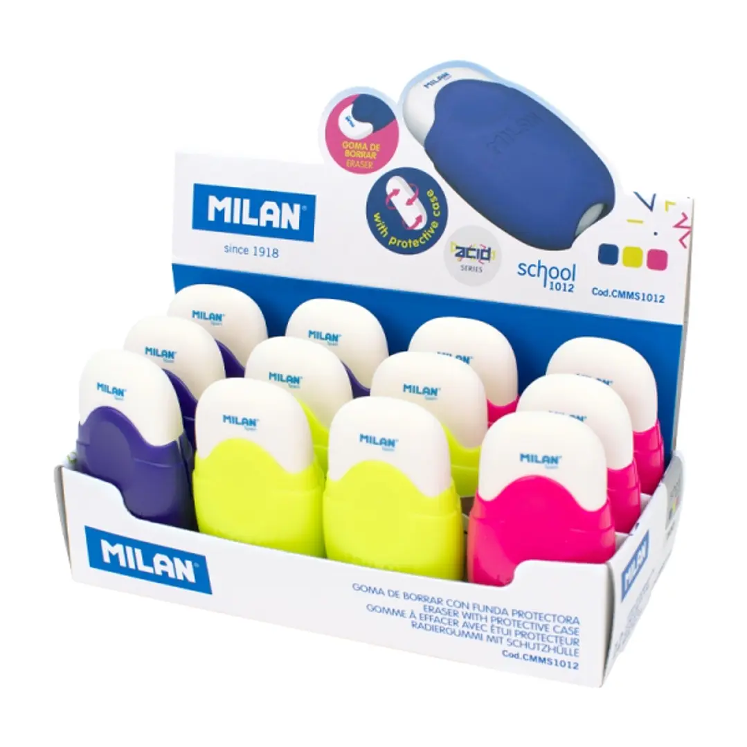 Milan School Expositor con 12 Gomas con Funda Protectora - Miga de Pan - Caucho Sintetico - Colores Surtidos 1
