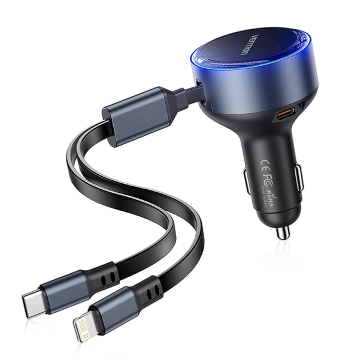 Vention Cargador de Coche 30W - USB-C Macho, USB-C Hembra, Lightning - Carga Rápida - Color Negro 1