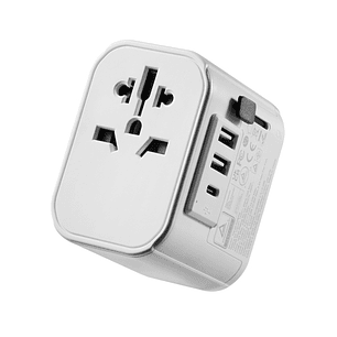 Ewent Adaptador de Viaje Universal - Conexiones para Europa (Schuko), USA, UK, Australia, China - 2xUSB-A - 1xUSB-C - Color Plata