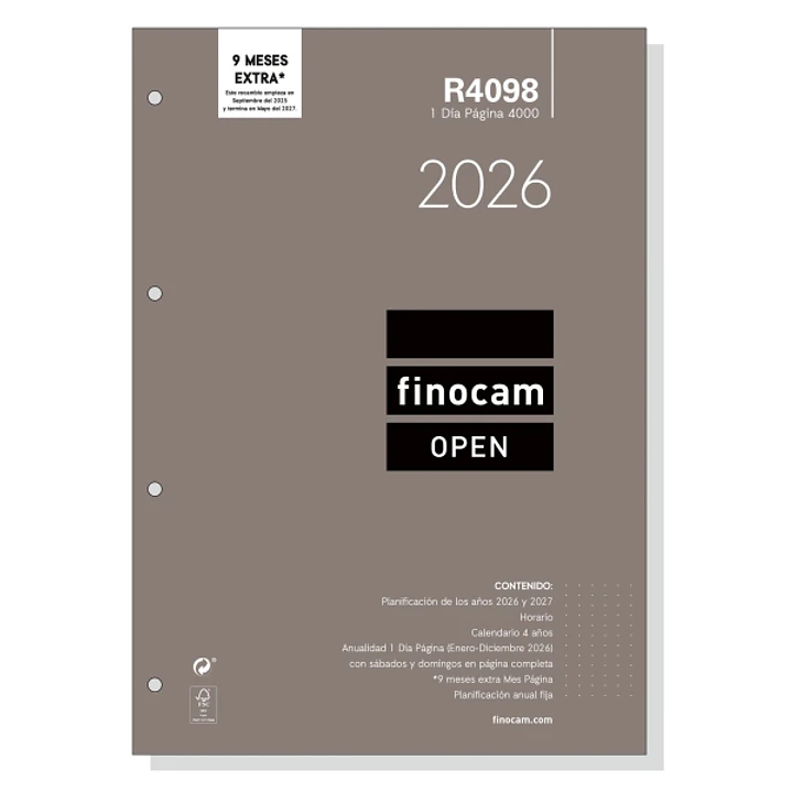 Finocam R4098 Recambio Anual 2026 para Agendas Open 2026 - Formato A4 - 210x17x297mm - 1 Dia por Pagina - Color Blanco 1