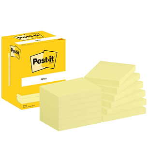 Post-It Pack de 12 Blocs de 100 Notas Adhesivas Reposicionables - Forma Rectangular - 76x102mm - Color Amarillo Claro