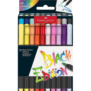 Faber-Castell Black Edition Pack de 20 Rotuladores Punta Pincel - Tinta a Base de Colorantes Alimentarios - Colores Surtidos