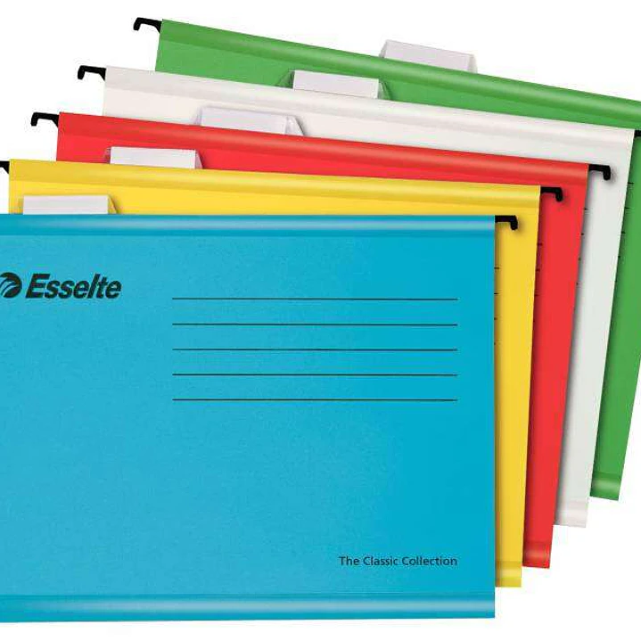 Esselte Classic Pack de 10 Carpetas Colgantes Reforzadas A4 - Visores de Plastico Transparente - Etiquetas Blancas - 100% Carton Kraft Reciclado - Col 1