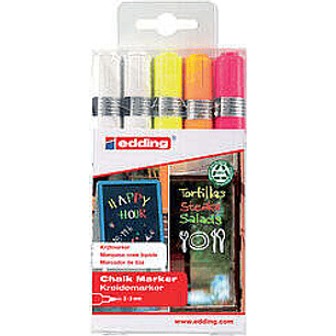 Edding 4095 Pack de 5 Rotuladores de Tiza Liquida - Punta Redonda - Trazo 2-3mm - Olor Neutro - Colores Blanco x2, Amarillo, Naranja y Rosa
