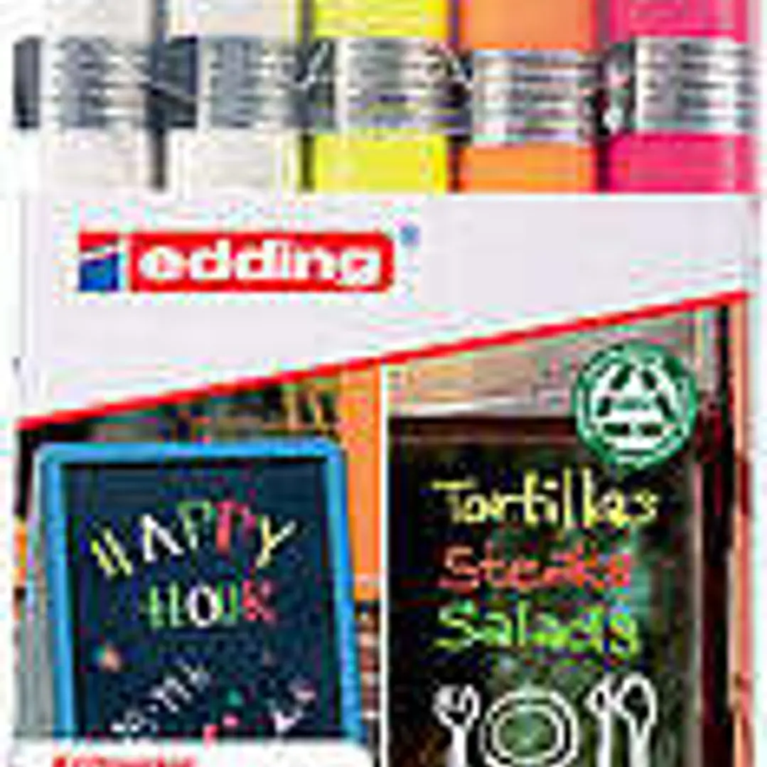 Edding 4095 Pack de 5 Rotuladores de Tiza Liquida - Punta Redonda - Trazo 2-3mm - Olor Neutro - Colores Blanco x2, Amarillo, Naranja y Rosa 1