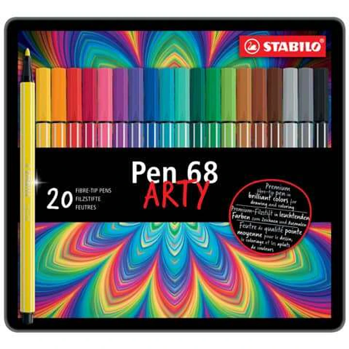 Stabilo Pen 68 Arty Caja Metalica de 20 Rotuladores - Punta de Fibra - Trazo de 1mm aprox. - Tinta a Base de Agua - Capuchon Ventilado - Colores Surti 1