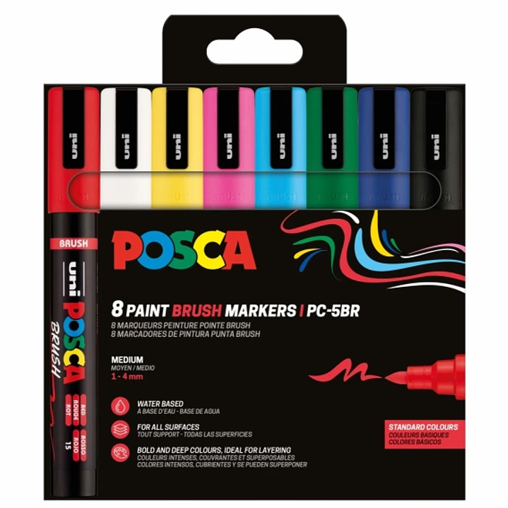 Posca PC-5BR Pack de 8 Marcadores de Pintura - Punta Brush 1-4mm - Tinta Base al Agua - Resistente a la Luz - No Permanente - Colores Surtidos 1