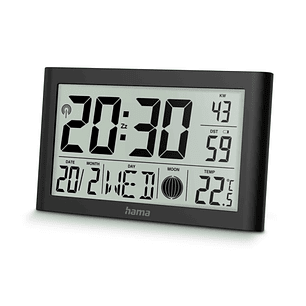 Hama Martinique Reloj de Pared Digital - Termometro - Visualizacion de Fases Lunares - Zona Horaria Ajustable - Radio - 20x12x2.6cm - Color Negro
