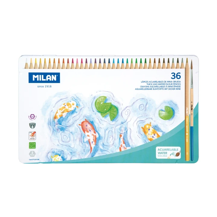 Milan Pack de 36 Lapices de Colores Acuarelables - Caja Metalica - Mina Gruesa - Incluye Pincel - Colores Surtidos 1