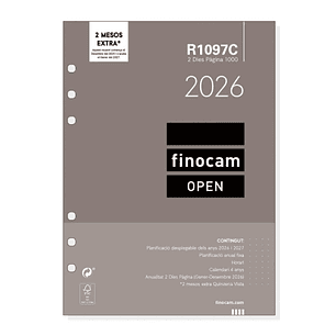 Finocam R1097C Recambio para Agendas Open en Catalan - Anual 2026 - Formato 1000 - 155x11x215mm - 2 Dias por Pagina - Color Blanco