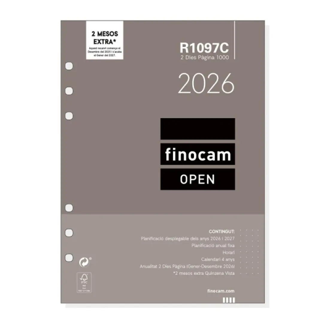 Finocam R1097C Recambio para Agendas Open en Catalan - Anual 2026 - Formato 1000 - 155x11x215mm - 2 Dias por Pagina - Color Blanco 1
