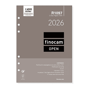 Finocam R1097 Recambio Anual 2026 para Agendas Open 2026 - Formato 1000 - 155x11x215mm - 2 Dias por Pagina - Color Blanco