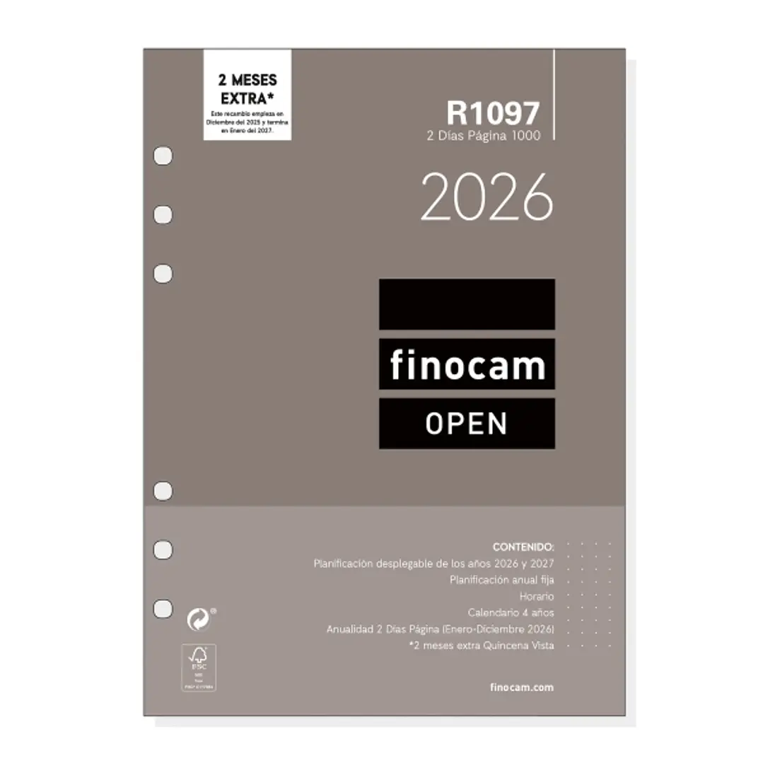 Finocam R1097 Recambio Anual 2026 para Agendas Open 2026 - Formato 1000 - 155x11x215mm - 2 Dias por Pagina - Color Blanco 1