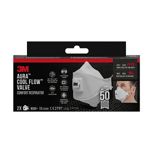 3M Aura Comfort Cool Flow Pack de 2 Mascarillas para Particulas FFP3 - Desechable - con Valvula - para Altos Niveles de Particulas - Color Blanco