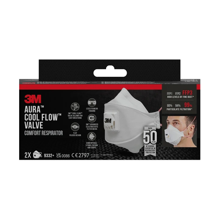 3M Aura Comfort Cool Flow Pack de 2 Mascarillas para Particulas FFP3 - Desechable - con Valvula - para Altos Niveles de Particulas - Color Blanco 1