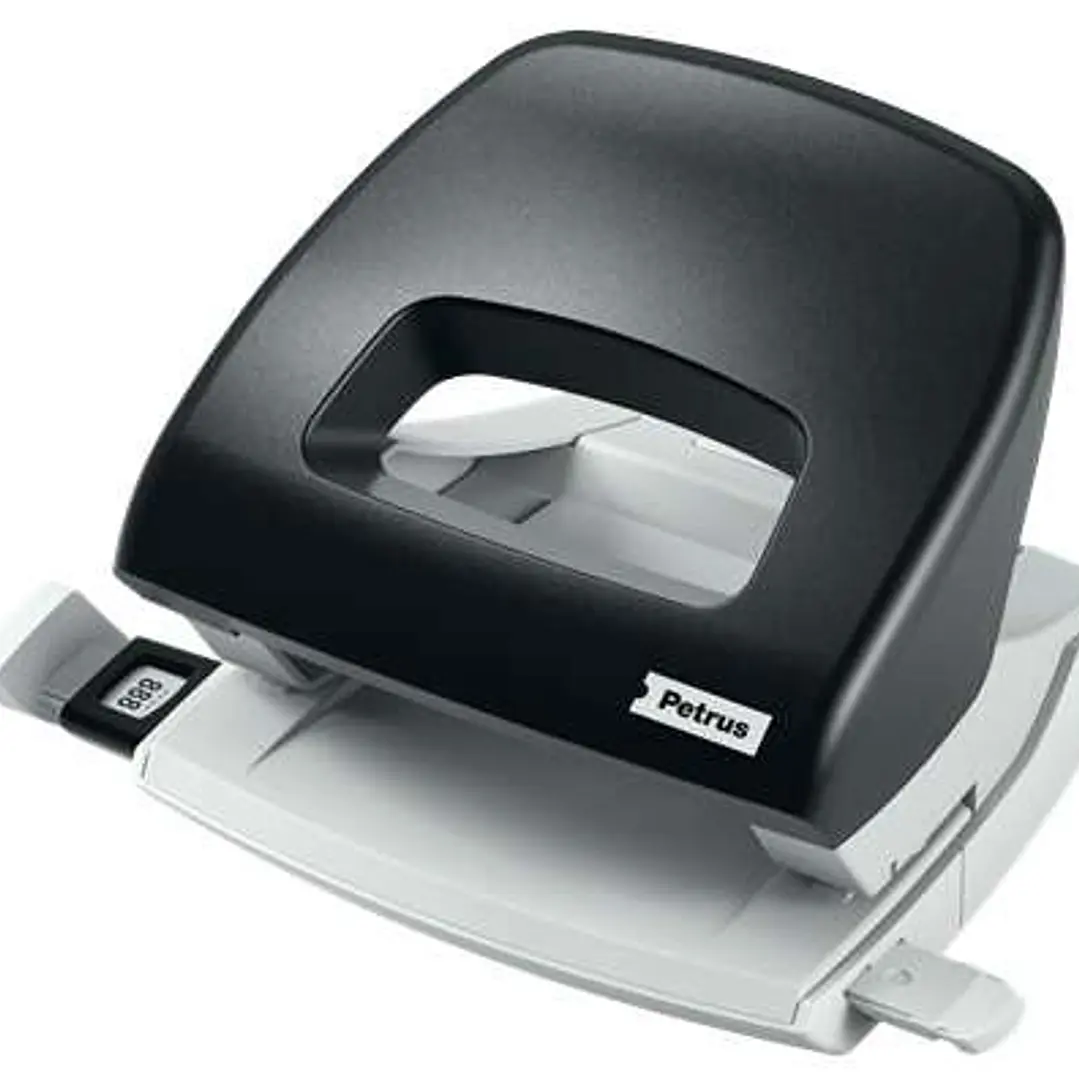Petrus 80 Taladro Perforador Pequeño - Hasta 16 Hojas - Marcas de Formato - Facil Vaciado - Punzones 5.5mm - Color Negro 1