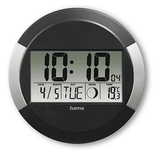 Hama Ischia Reloj de Pared Digital - Termometro - Visualizacion de Fases Lunares - Zona Horaria Ajustable - Radio - 24.5x1.5cm - Color Negro y Plata