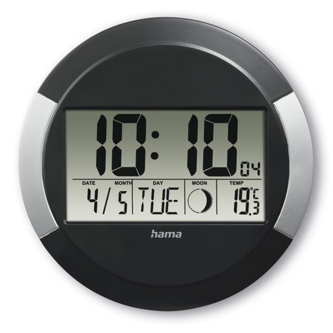 Hama Ischia Reloj de Pared Digital - Termometro - Visualizacion de Fases Lunares - Zona Horaria Ajustable - Radio - 24.5x1.5cm - Color Negro y Plata 1