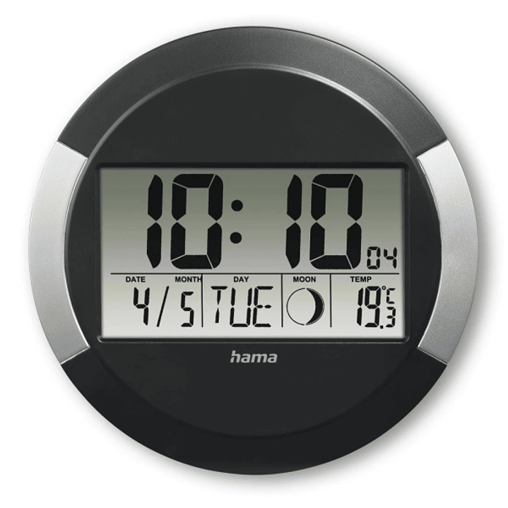 Hama Ischia Reloj de Pared Digital - Termometro - Visualizacion de Fases Lunares - Zona Horaria Ajustable - Radio - 24.5x1.5cm - Color Negro y Plata 1