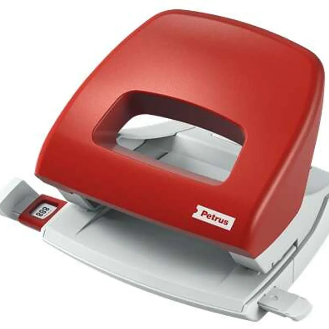 Petrus 80 Taladro Perforador Pequeño - Hasta 16 Hojas - Marcas de Formato - Facil Vaciado - Punzones 5.5mm - Color Rojo 1