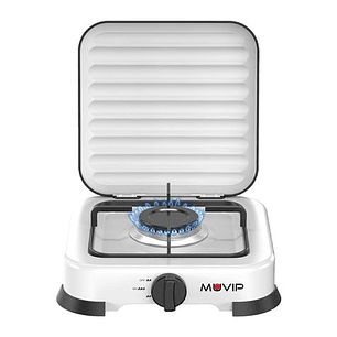 Muvip Vulcano Cocina de Gas con 1 Fuego - Tapa Protectora - Patas de Goma - Superficie Esmaltada - Quemador Extraible - 26.8x26x8x5.9cm - Color Blanco