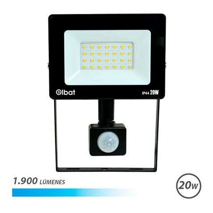 Elbat Foco LED con Sensor de Movimiento - Potencia: 20W - Lumenes: 1900 - Luz Fria 6.500K - Vida Util: 30.000 - 50.000 Horas - Angulo 120º - Proteccio 1