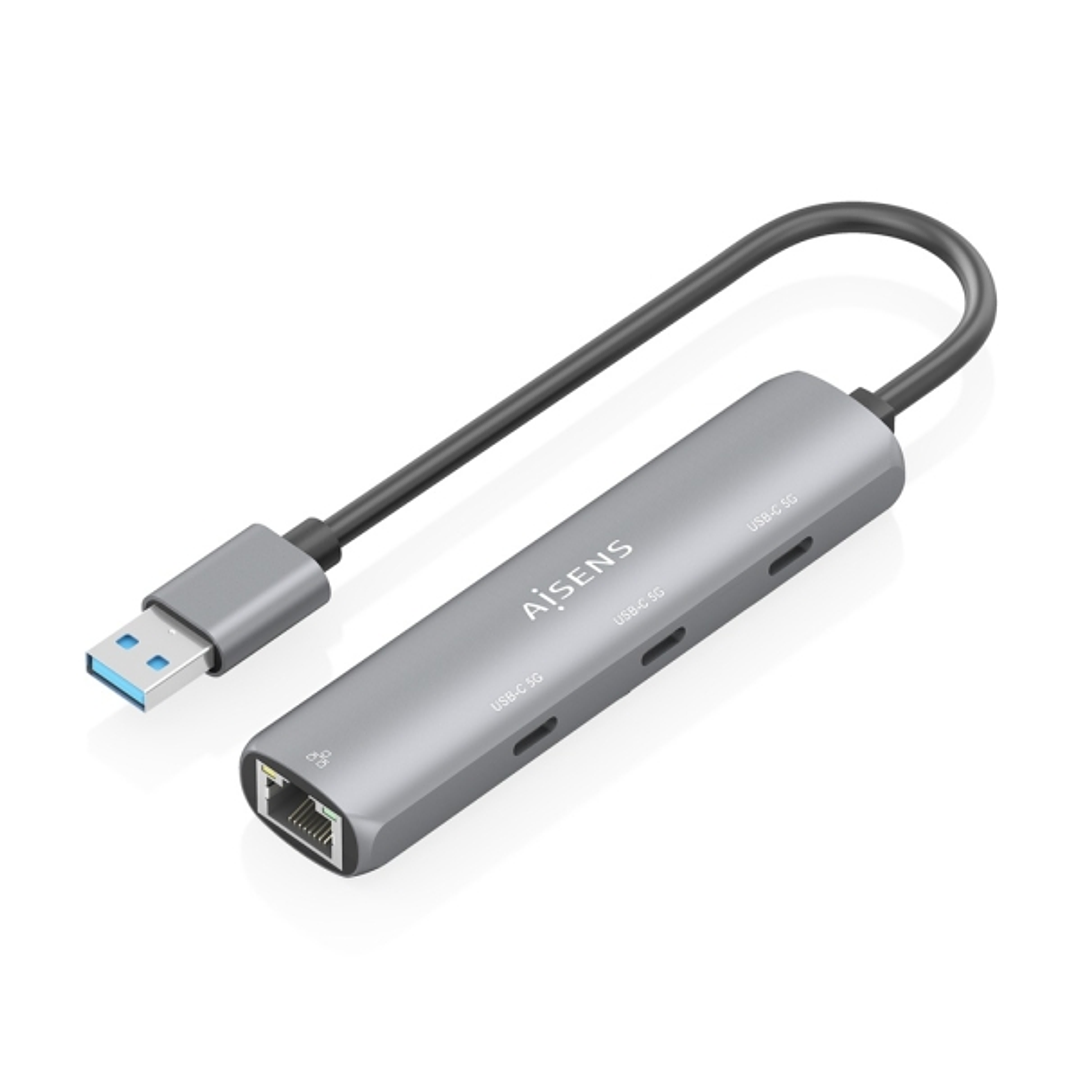 Aisens ASUC-4P037-GR Adaptador de Red USB 3.0 a Ethernet Gigabit + Hub 3xUSB-C - 15cm - Color Gris 1