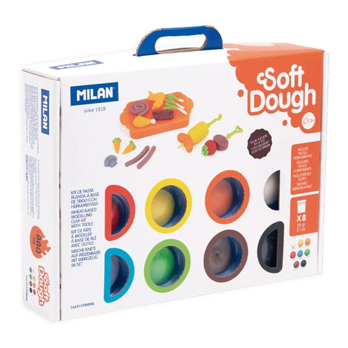 Milan Soft Dough Pack de 8 Botes de Pasta Blanda - Maletin con Herramientas - 59g por Unidad - 100% Vegetal - Moldeable - Sin Residuos - Colores Mezcl 1