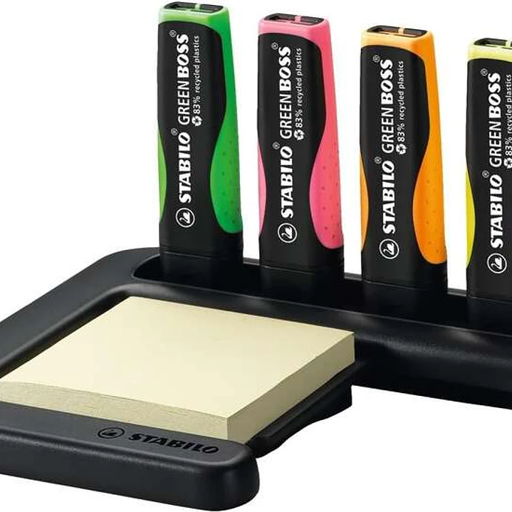 Stabilo Green Boss Set de Mesa de 4 Marcadores Fluorescentes 83% Plastico Reciclado + Bloc de Notas Adhesivas 100% Papel Reciclado - Set Fabricado 98% 1