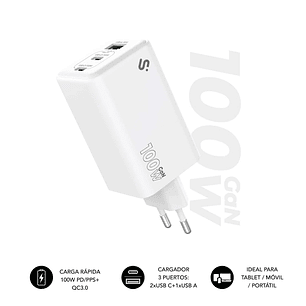 Subblim Cargador de Pared GaN 100W - 3 Puertos (2xUSB-C + 1xUSB-A) -  Carga ultra rápida - Color Blanco