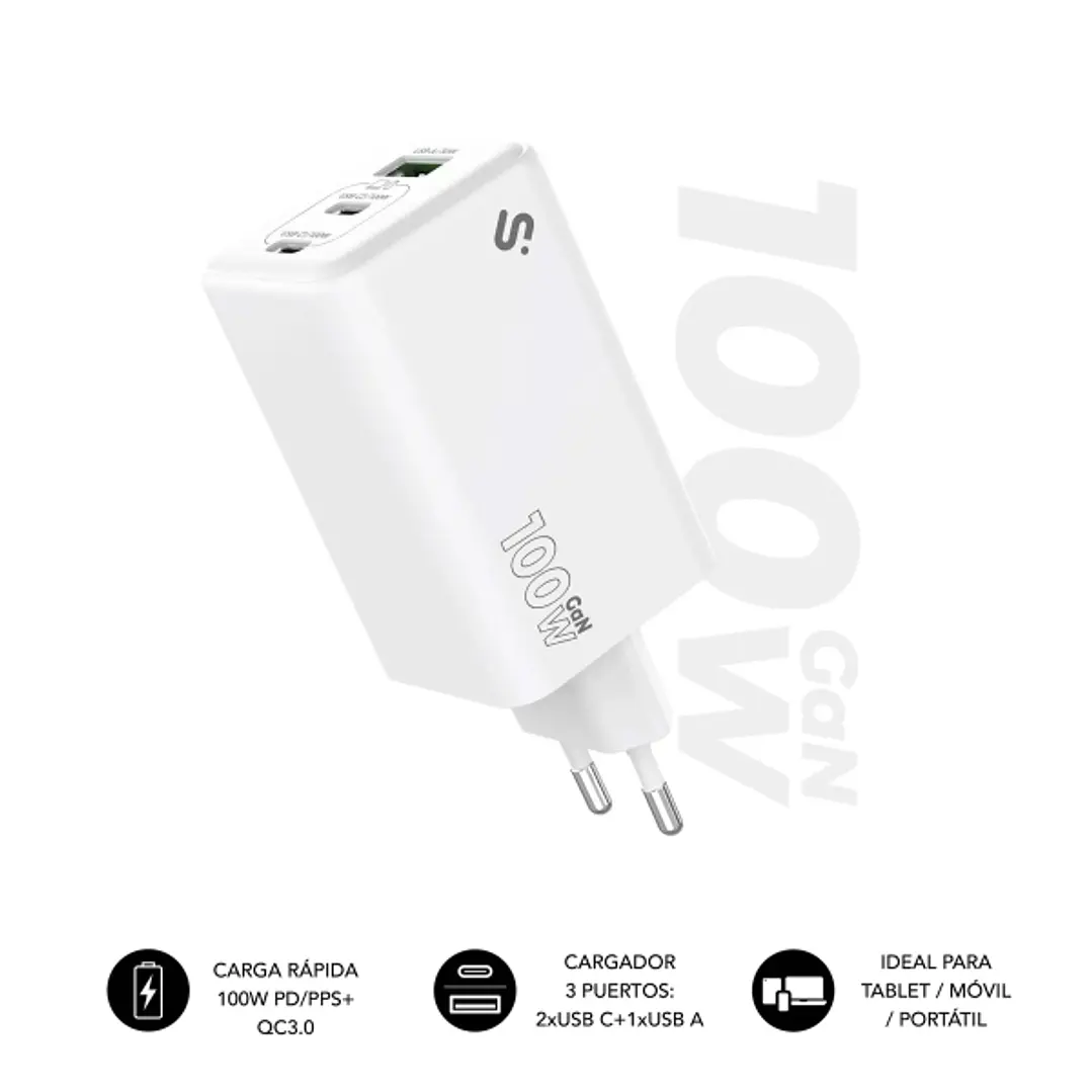 Subblim Cargador de Pared GaN 100W - 3 Puertos (2xUSB-C + 1xUSB-A) -  Carga ultra rápida - Color Blanco 1