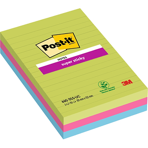 Post-It Super Sticky Pack de 3 Blocs de 90 Notas Grandes Adhesivas Reposicionables - con Lineas - 100% PEFC - Colores Surtidos