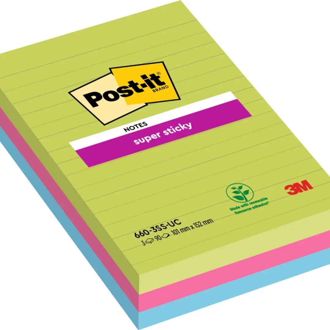 Post-It Super Sticky Pack de 3 Blocs de 90 Notas Grandes Adhesivas Reposicionables - con Lineas - 100% PEFC - Colores Surtidos 1