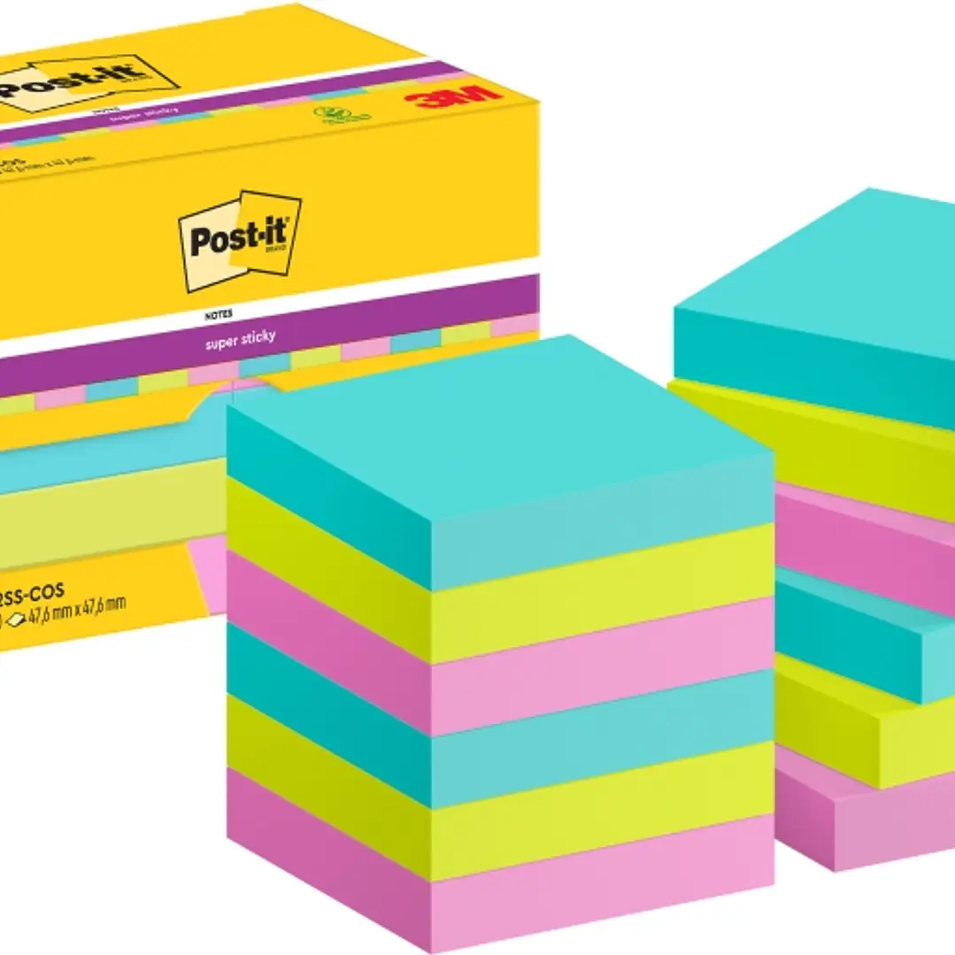 Post-It Super Sticky Pack de 12 Blocs de 90 Notas Adhesivas Reposicionables - Forma Cuadrada - 47.6x47.6mm - Colores Surtidos 1
