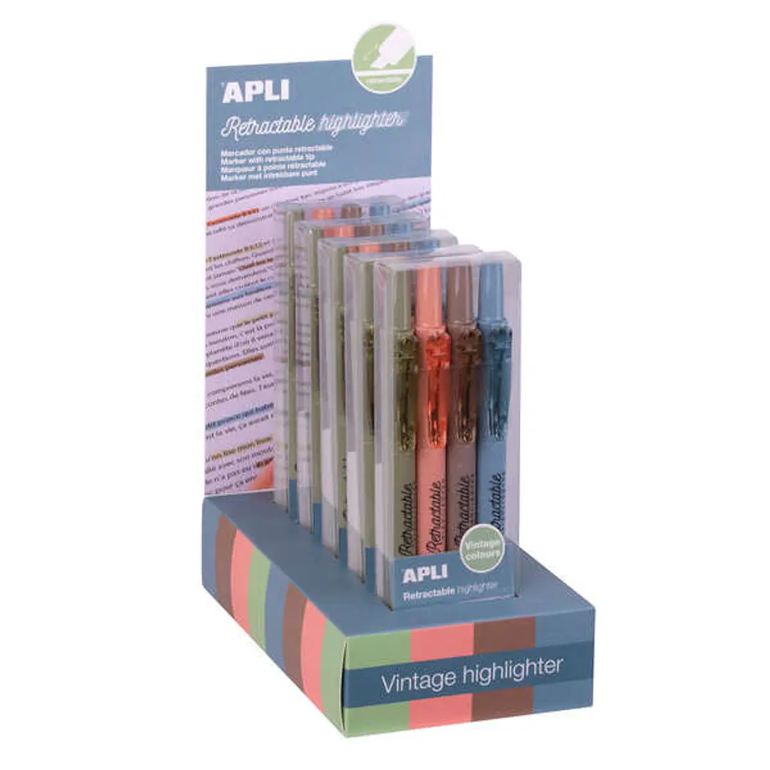 Apli Retractable Highlighter Expositor con 5 Packs de 4 Subrayadores Retractiles - Punta Biselada 4mm - Colores Surtidos Vintage 1
