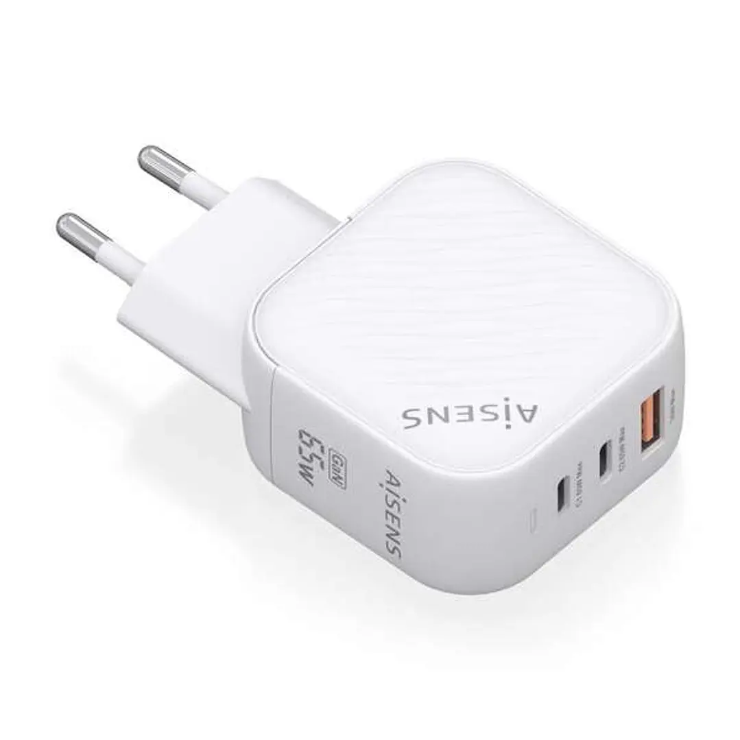 Aisens Cargador GAN 65W - 2xUSB-C PD3.0 QC4.0 - 1xUSB-A QC3.0 1