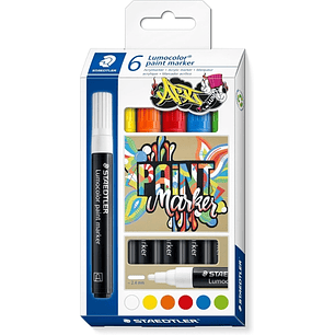 Staedtler Lumocolor 349 Pack con 6 Marcadores Acrilicos Permanentes - Trazo 2.4 mm aprox. - Tinta Base de Agua - Colores Surtidos
