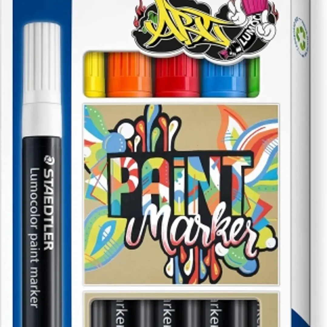 Staedtler Lumocolor 349 Pack con 6 Marcadores Acrilicos Permanentes - Trazo 2.4 mm aprox. - Tinta Base de Agua - Colores Surtidos 1