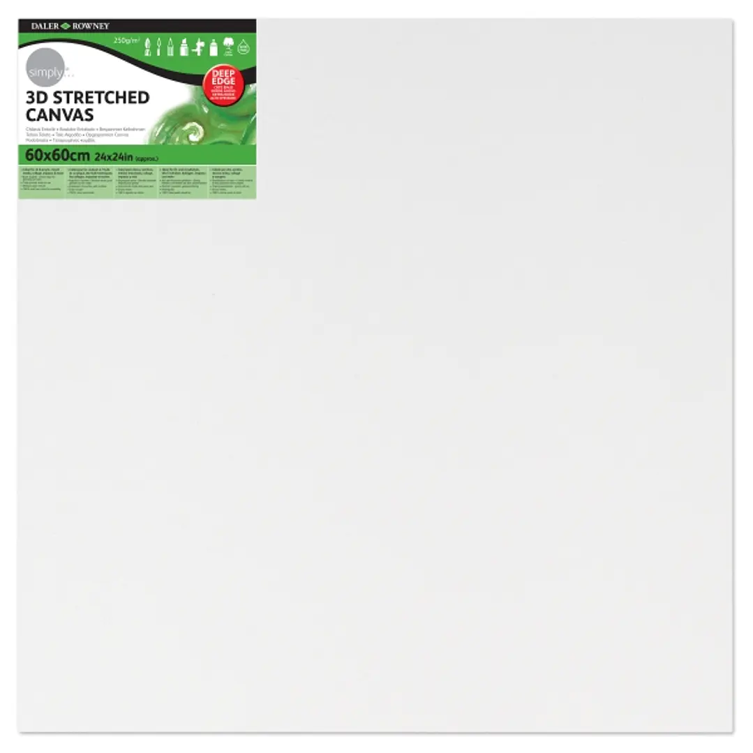 Daler Rowney Simply Bastidor Entelado 3D - 60x60cm - Imprimacion Triple - Grano Medio - 100% Algodon sin Acido - 250g - Color Blanco 1