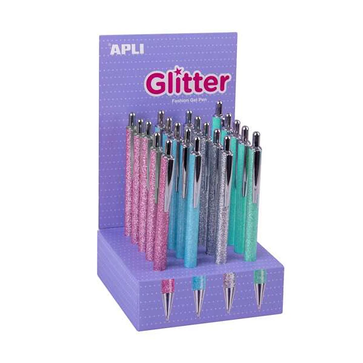 Apli Glitter Expositor de 20 Boligrafos de Metal - Tinta de Aceite - Secado Rapido - Punta 1mm - Colores Surtidos 1