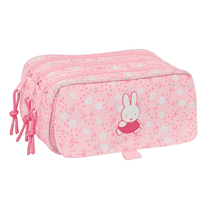 Safta Miffy Flores Portatodo - 3 Compartimentos con Cremalleras - Bolsillo Frontal - Cinta Adaptable - 1.72L - 215x80x100mm - Color Rosa