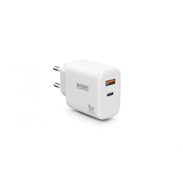 Urban Factory Powee Cargador USB-C GaN de 65W - 1 Puerto USB-C de 45W + 1 Puerto USB-A de 18W - Carga Rapida - Color Blanco 1
