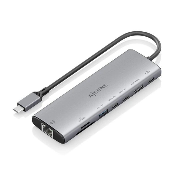 Aisens USB-C Dock 8 en 1 - USB-C a 1xHDMI - 1xRJ45 - 1xUSB-A 10G - 2xUSB-C 10G - 1xUSB-C PD 100W - 1xSD - 1xMicroSD - 20cm - Color Gris 1