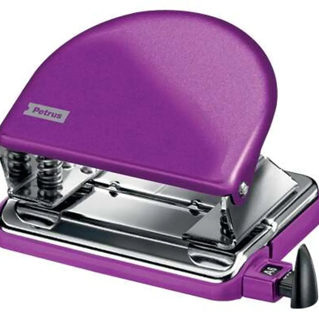 Petrus 52 WOW Taladro Perforador Clasico Metalico - Hasta 20 Hojas - Marcas de Formato - Facil Vaciado - Punzones 5.5mm - Color Violeta 1