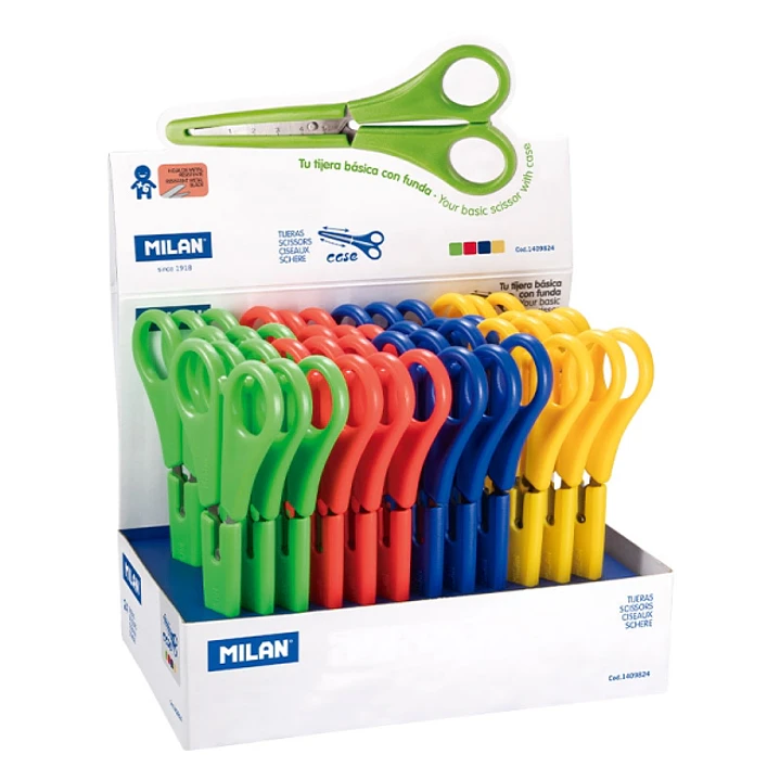 Milan Expositor con 24 Tijeras con Funda - Regla Integrada de 5cm - Punta Redondeada - Acero Inoxidable de 14.7cm - Colores Surtidos 1